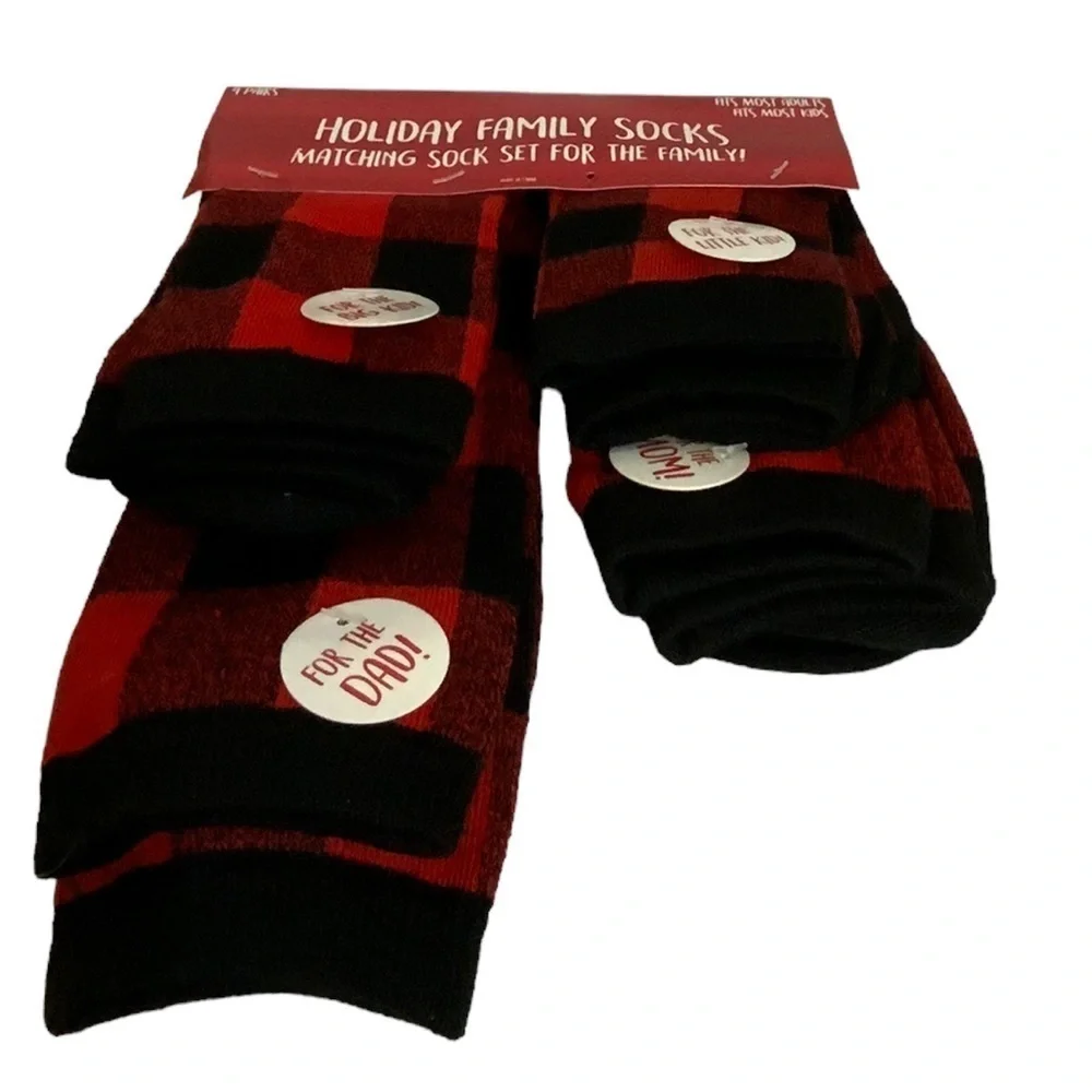 Holiday Family Matching Socks 4 Pack Christmas Tartan Plaid Red Black Adult Kids